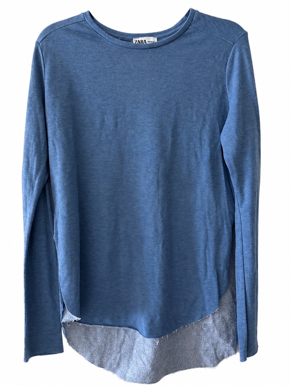 Zara Blue Long Sleeve High Low Raw Hem Tunic Top Size Large